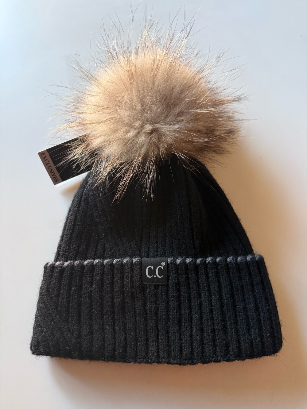 C.C  Black Ribbed Beanie with Tan Faux Fur Pom